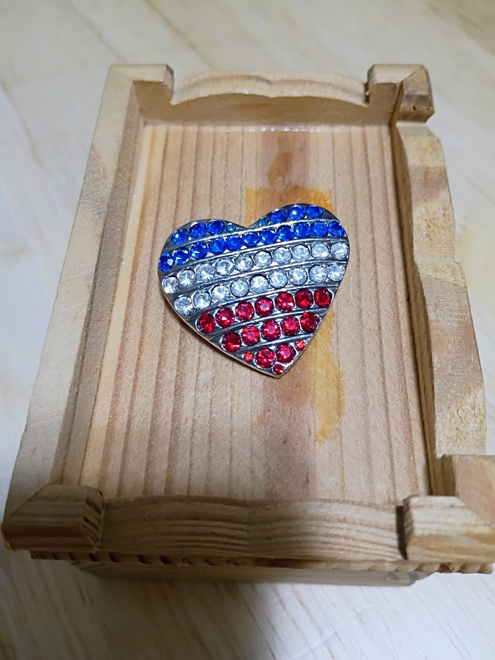 Patriotic Heart Crystal Brooch – Red, White & Blue